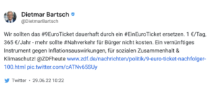 Dietmar Bartsch auf Twitter zum Nachfolger des 9-Euro-Tickets